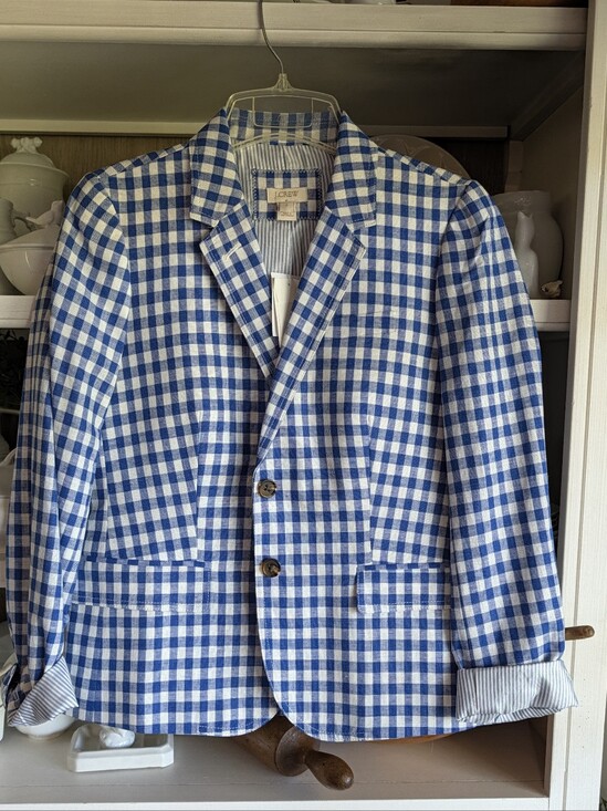 J. Crew Factory Jackets & Blazers - J.Crew Factory Gingham Schoolboy Linen Blazer Blue White Size 8 NWT